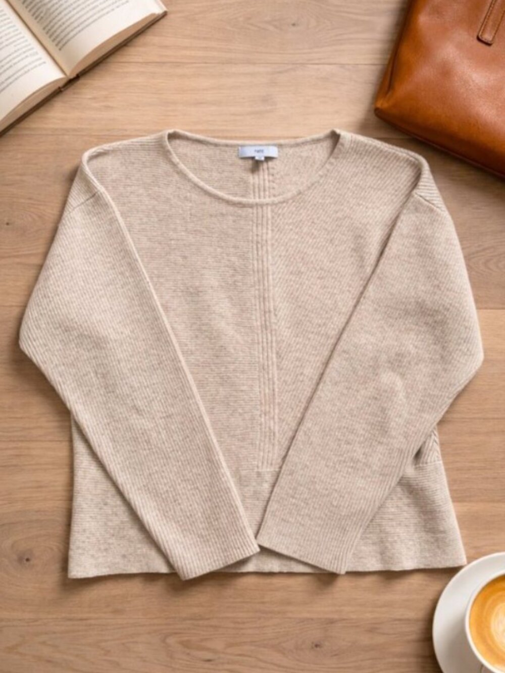 FATE Womens M Cashmere Wool Blend Sweater Oatmeal Textured Knit Soft